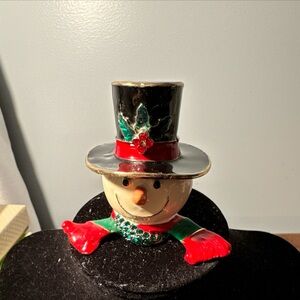 Snowman Head Trinket Box Metal Enamel Jewels Hinged Magnetic Clasp 2.5” x 3" EUC
